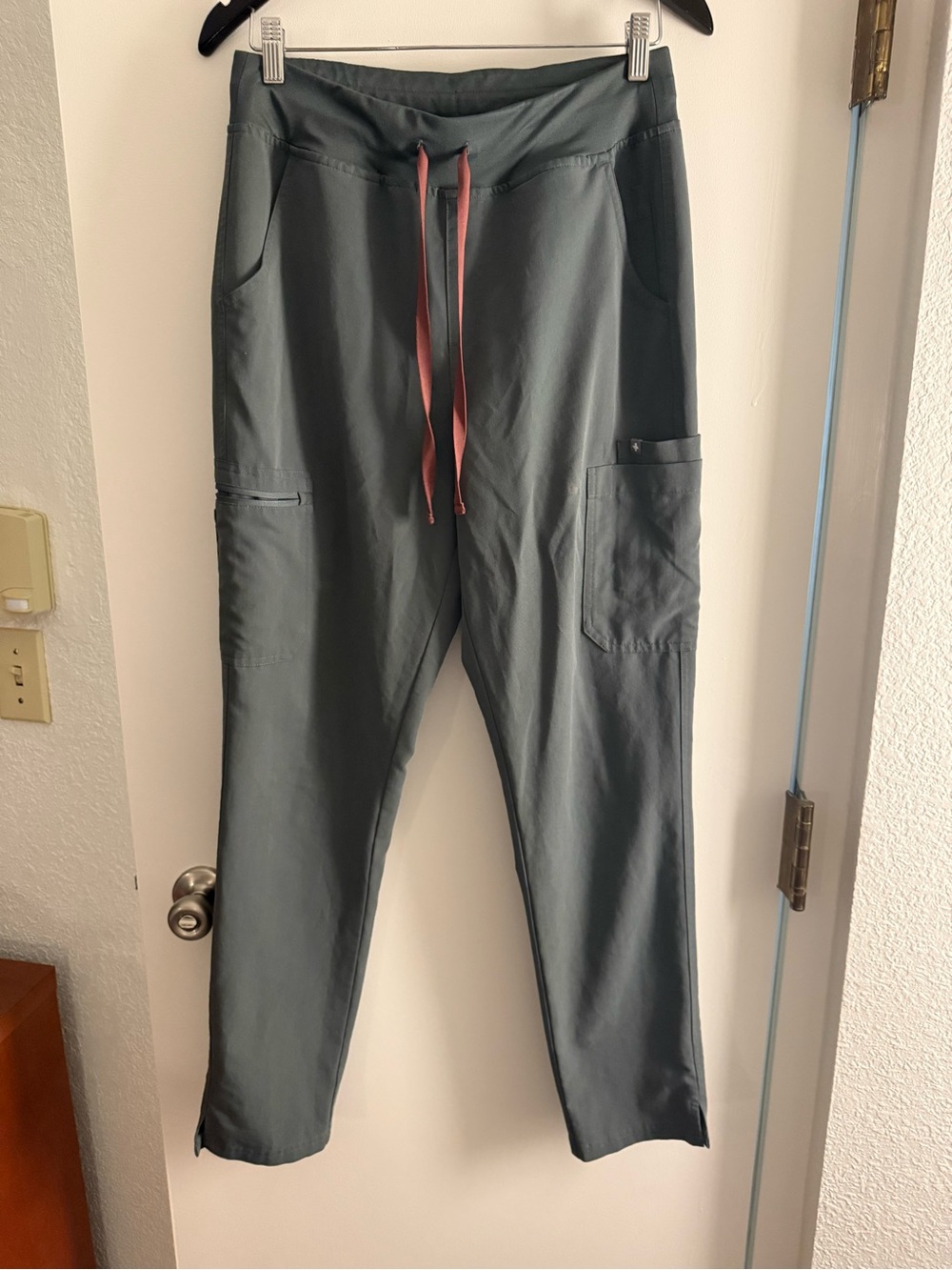 Figs womens Sage colored Cargo scrubs with Rust Drawstring
